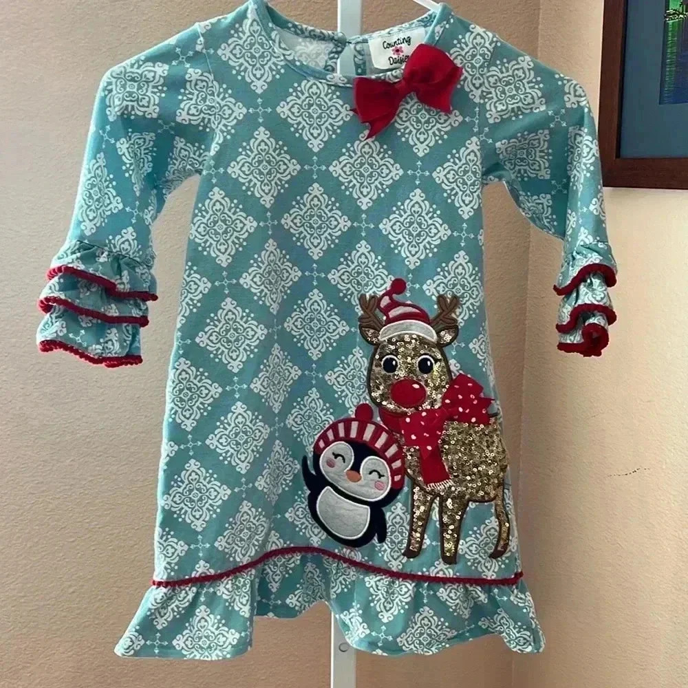 Counting daisies size 6 Christmas dress sequence reindeer